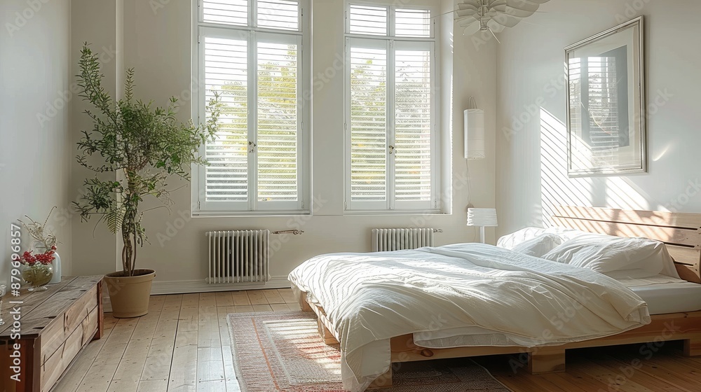 The bedroom has a large white window, a modern style bed, simple and bright. Generative AI. The bedroom has a large white window, a modern style bed, simple and bright. Generative AI.