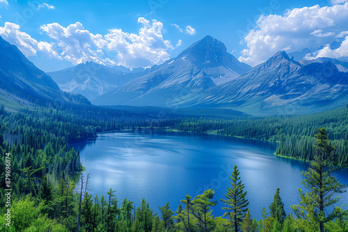 A peaceful lake surrounded by mountains and forests