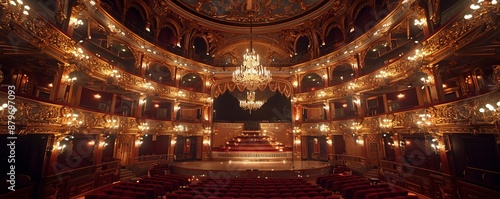 Grand opera house with opulent interior, illuminated chandeliers, and music