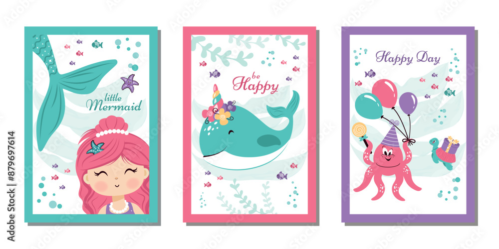 A set of greeting cards with the image of a mermaid and marine life. Vector design. A set of greeting cards with the image of a mermaid and marine life. Vector design.
