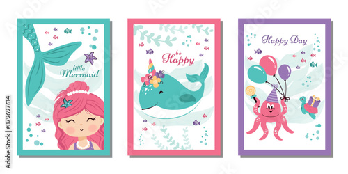A set of greeting cards with the image of a mermaid and marine life. Vector design.