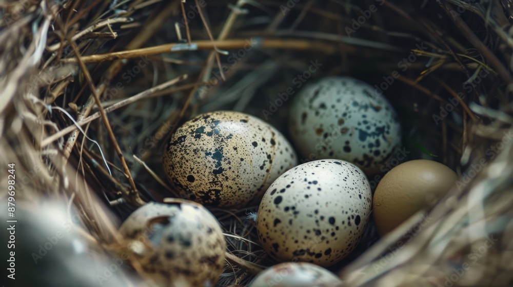 A close-up view of a finch’s nest with small, speckled eggs A close-up view of a finch’s nest with small, speckled eggs