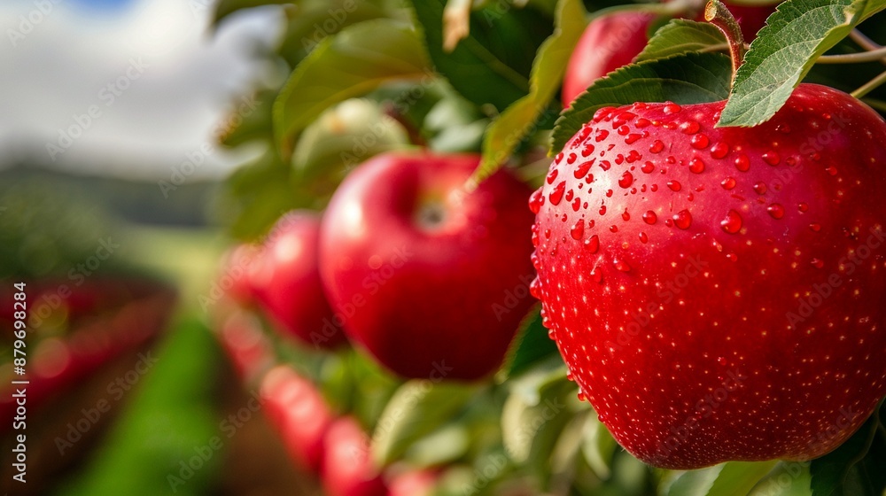 Obraz premium Fruits, orchard with ripe apples hanging from trees, abundant harvest