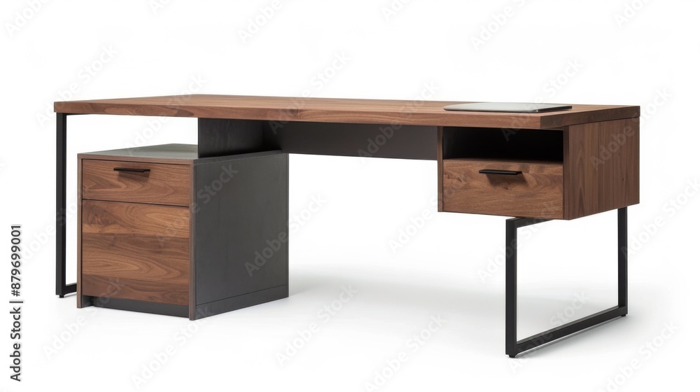 A contemporary desk with a minimalist design and industrial elements, set against a white backdrop A contemporary desk with a minimalist design and industrial elements, set against a white backdrop