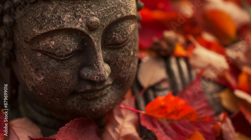 Close-up de uma antiga estátua de Buda cercada por folhas caídas de outono, simbolizando paz e iluminação em meio à natureza photo