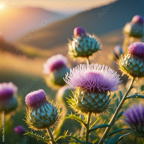 Blessed milk thistle flowers in field, close up. Silybum marianum herbal remedy, Saint Mary's Thistle, Marian Scotch thistle, Mary Thistle, Cardus marianus bloom flower background photo