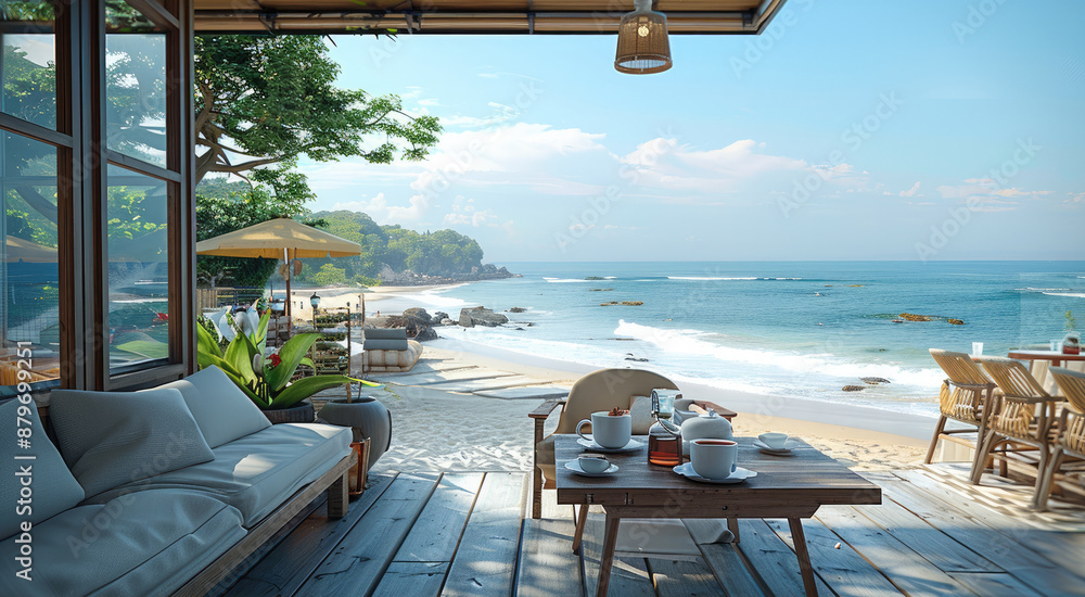 Fototapeta premium An outdoor Japanese coffee shop on a strong color wooden floor next to a Japanese sand beach with comfortable sofas and wooden tables with coffee cups and cakes and candle. Generative AI.