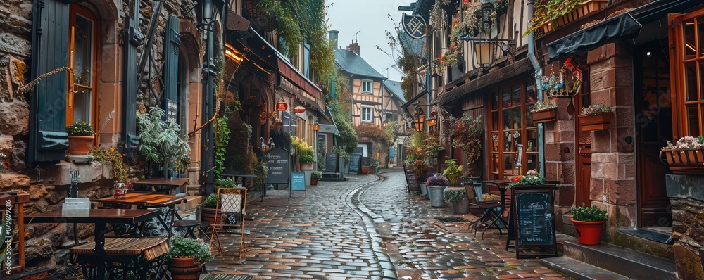 Fototapeta premium A quaint cobblestone street lined with charming shops, cafes, and old-fashioned buildings.