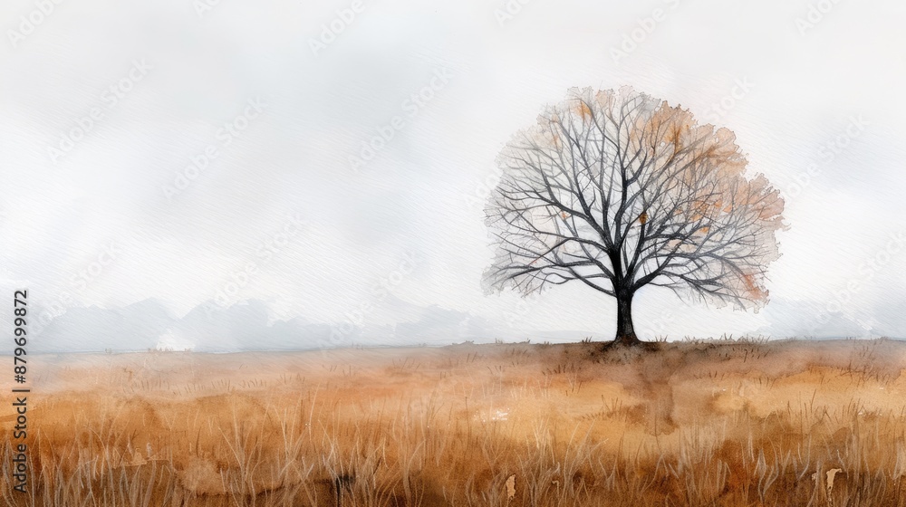 Watercolor illustration of a lone tree in a foggy field, soft and muted tones, atmospheric and mysterious Watercolor illustration of a lone tree in a foggy field, soft and muted tones, atmospheric and mysterious