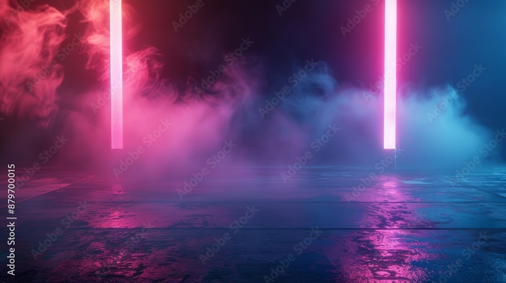 Vibrant neon lights and smoke in dark, reflective room setting Vibrant neon lights and smoke in dark, reflective room setting