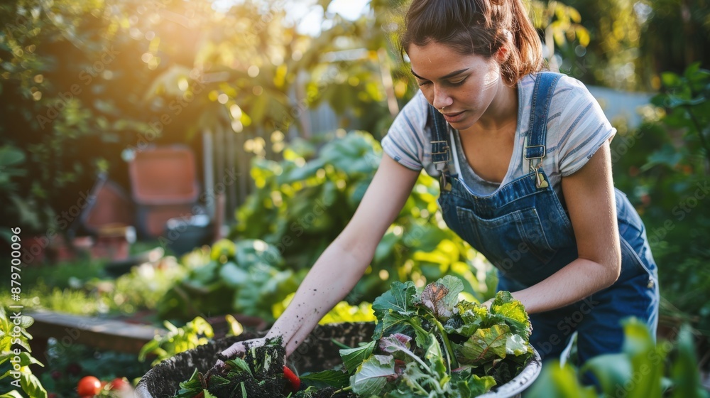 Woman composting kitchen scraps in her backyard, contributing to soil health