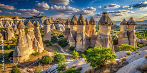 Whimsical fairy chimneys, mushroom-shaped volcanic formations, rise among ancient trees in surreal Turkish landscape of Cappadocia's Imagination Valley, near Urgup and Goreme towns. photo