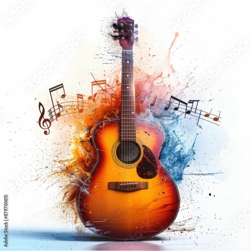 Vibrant Acoustic Guitar with Colorful Musical Notes and Paint Splashes on White Background