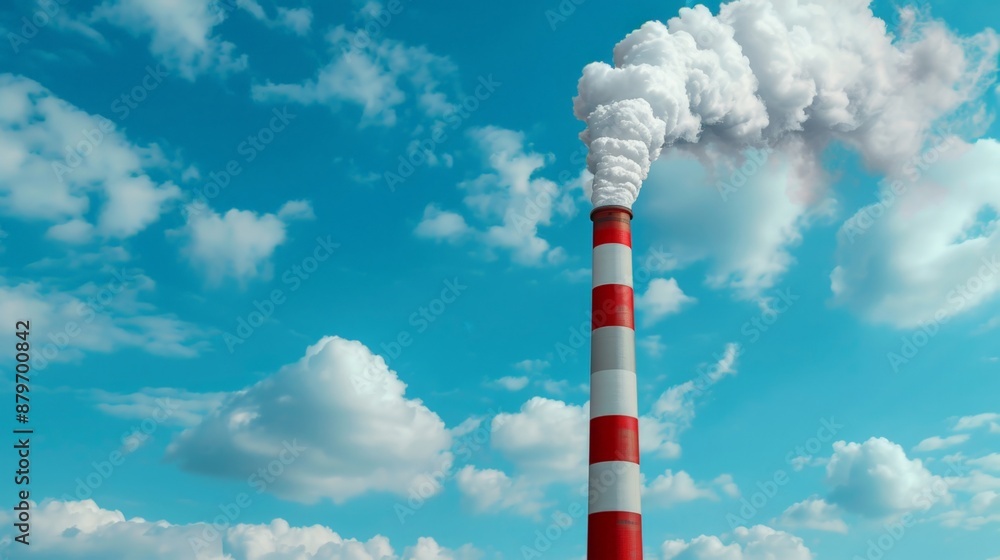 Industrial Smokestack Emitting White Smoke Against Blue Sky. Horizontal banner with copy space Industrial Smokestack Emitting White Smoke Against Blue Sky. Horizontal banner with copy space