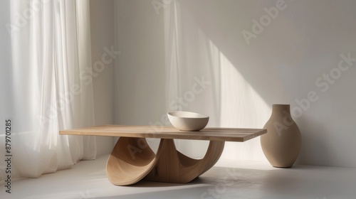 A modern table with unique shapes and minimalist design, set against a white backdrop