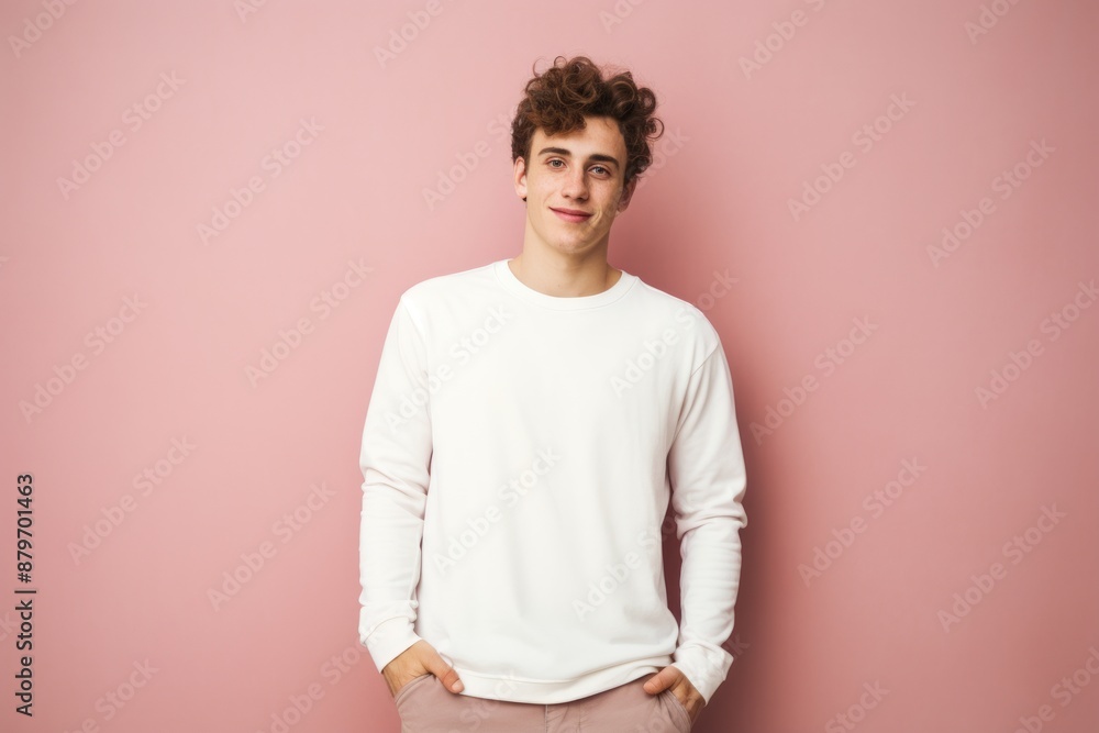 Portrait of a merry man in his 20s showing off a lightweight base layer in solid pastel color wall Portrait of a merry man in his 20s showing off a lightweight base layer in solid pastel color wall