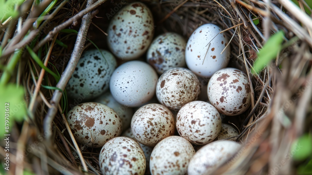 Intimate glimpse into a house sparrow's nest with small, speckled eggs Intimate glimpse into a house sparrow's nest with small, speckled eggs