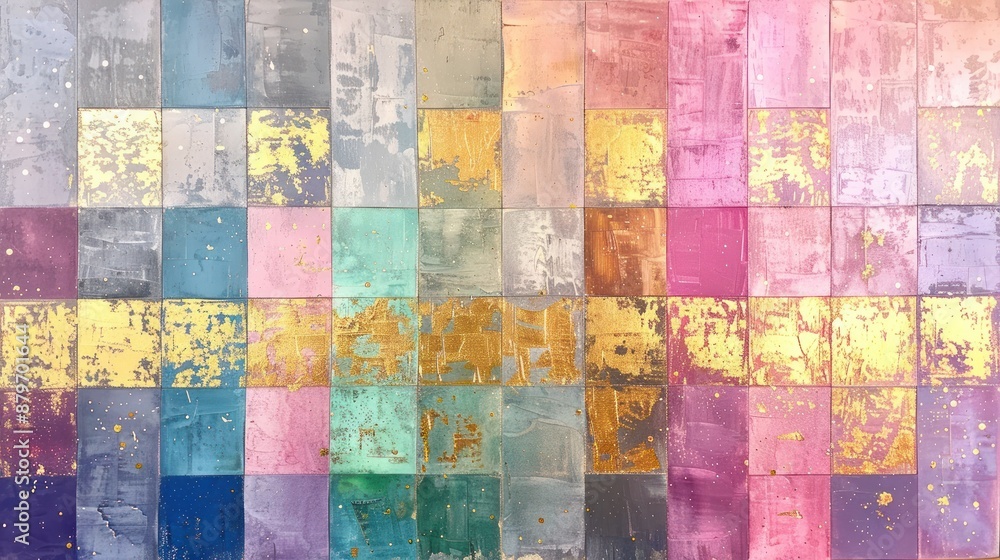 Abstract, colorful squares with gold splashes blend