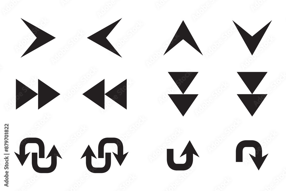 Set of Directional Arrow Icons Featuring U-Turns, Double Arrows, and Navigation Symbols for UI Design Set of Directional Arrow Icons Featuring U-Turns, Double Arrows, and Navigation Symbols for UI Design