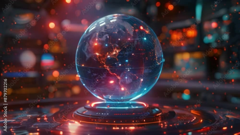 An illuminated digital globe presenting climate data and environmental metrics on public display: ecology and sustainability for a better future