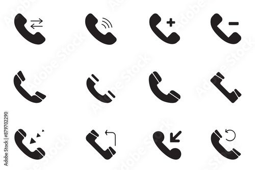 Set of Minimalist Black Phone Icons Representing Calls, Signals, and Communication Actions