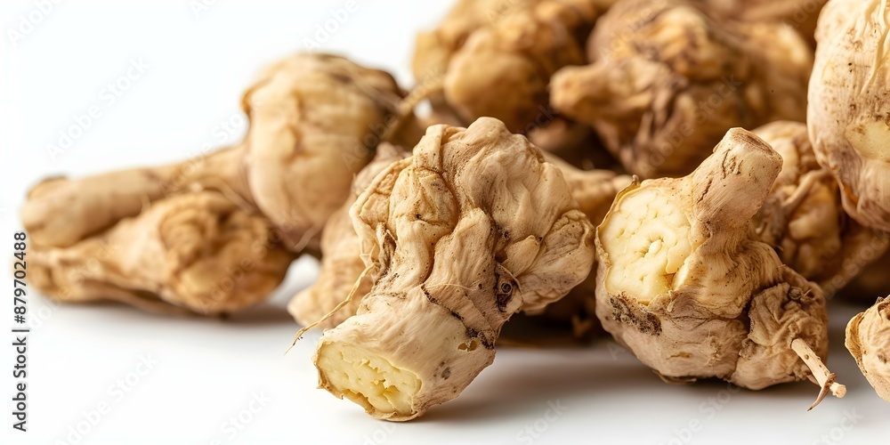 Maca roots on white backdrop. Concept Health benefits, Natural remedies, Herbal supplements, Superfood ingredient, White background photography Maca roots on white backdrop. Concept Health benefits, Natural remedies, Herbal supplements, Superfood ingredient, White background photography