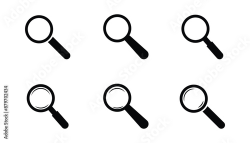 Set of Six Black and White Magnifying Glass Icons in Different Styles for Search and Discovery Concepts