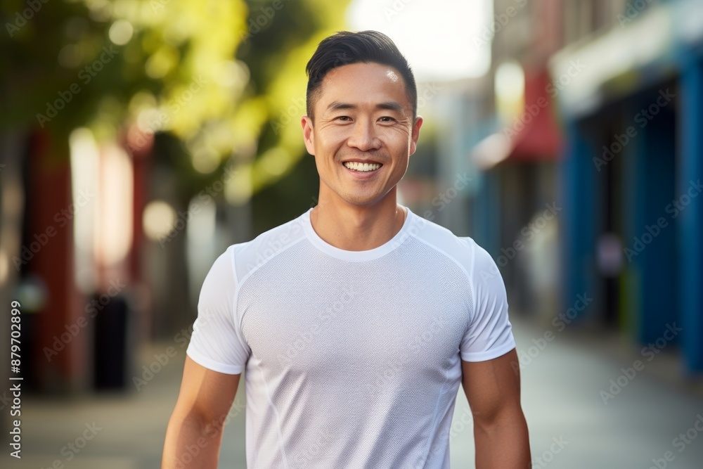 Portrait of a happy asian man in his 30s wearing a moisture-wicking running shirt isolated on scandinavian-style interior background Portrait of a happy asian man in his 30s wearing a moisture-wicking running shirt isolated on scandinavian-style interior background