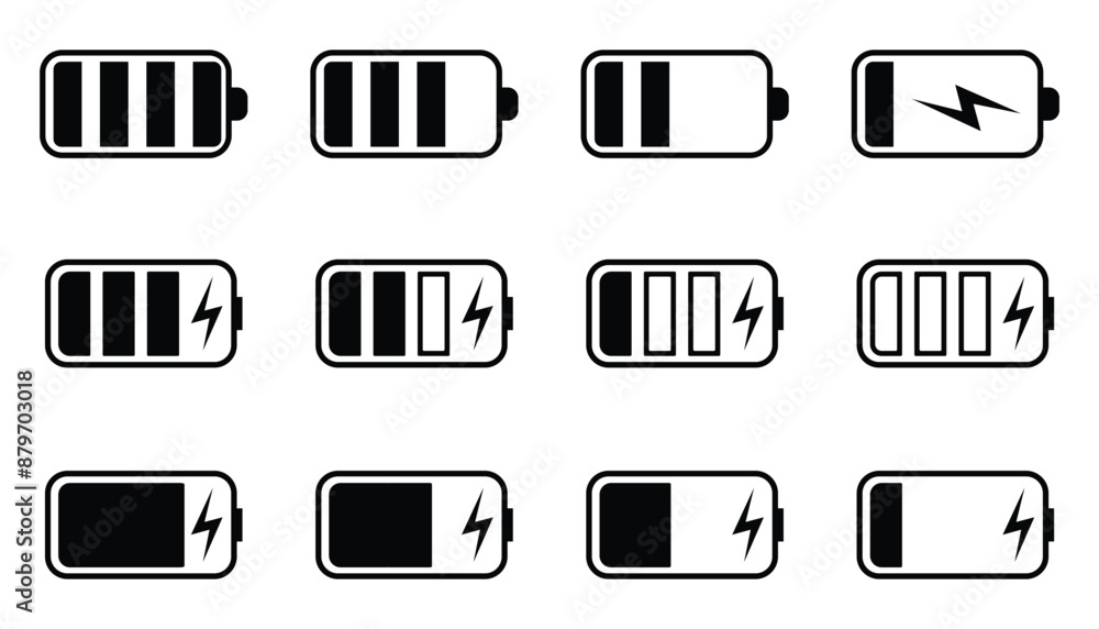 Set of Battery Icons Showing Different Levels of Charge and Charging Status for Mobile Devices and Electronics Set of Battery Icons Showing Different Levels of Charge and Charging Status for Mobile Devices and Electronics