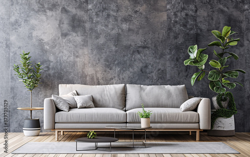 Gray sofa in a modern living room.
