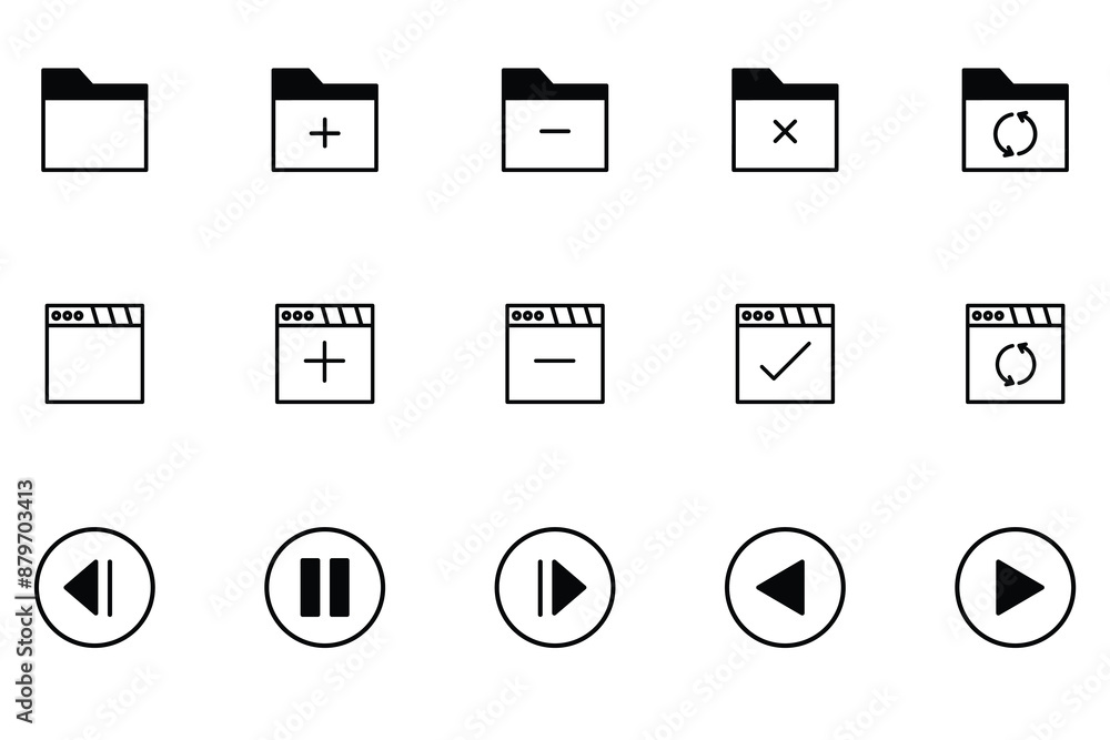 Minimalist Black and White Interface Icon Set Including Folders, Media Controls, and Actions Symbols Minimalist Black and White Interface Icon Set Including Folders, Media Controls, and Actions Symbols