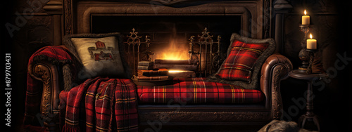A cozy, inviting living room with a fireplace, books, and a soft, tartan blanket