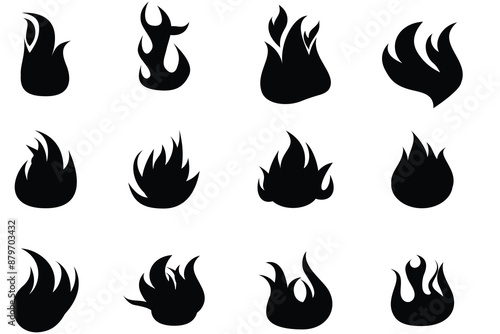 Black Silhouette Fire and Flame Icons Collection for Hot, Burning, Energy, and Abstract Designs