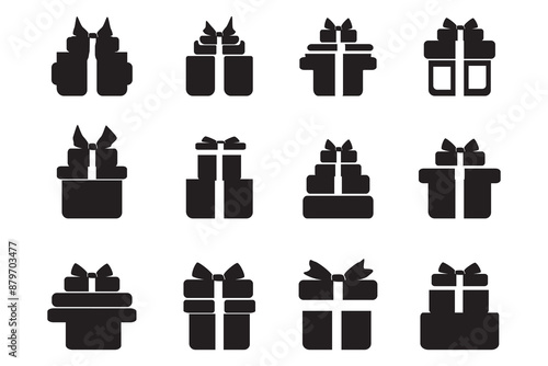 Collection of Black Silhouette Gift Box Icons with Ribbons and Bows, Perfect for Holiday and Celebration Designs