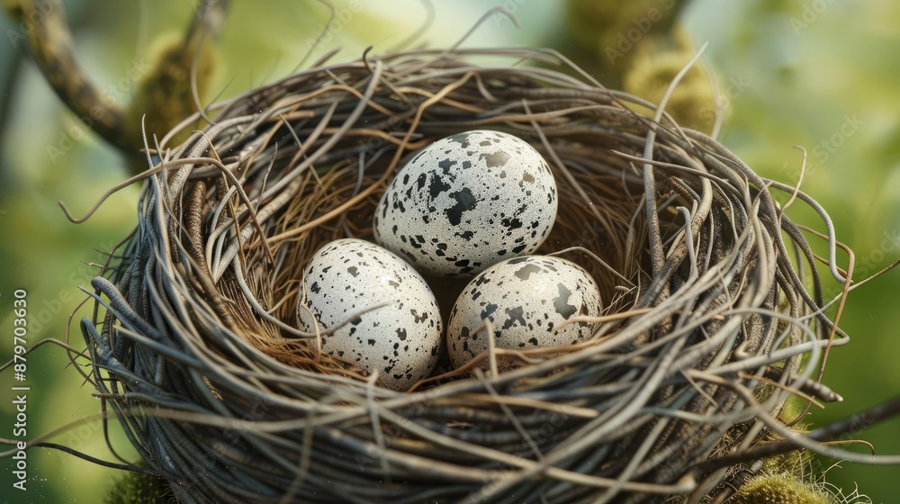 Detailed view of a magpie’s nest with large, striking eggs Detailed view of a magpie’s nest with large, striking eggs