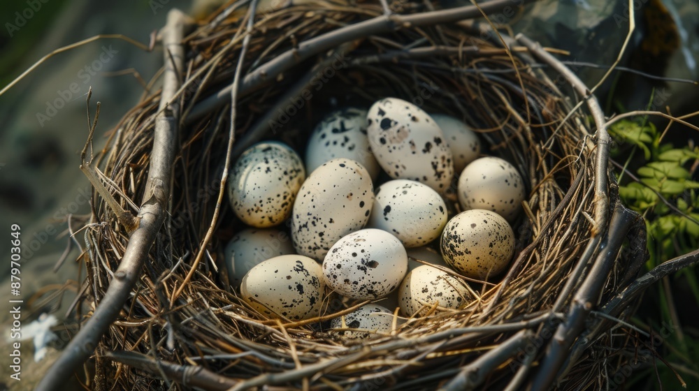 Close-up of a mourning dove's nest with smooth, cream-colored eggs Close-up of a mourning dove's nest with smooth, cream-colored eggs
