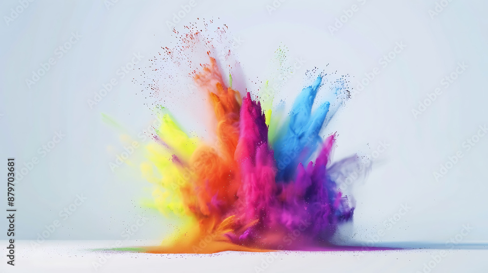 Obraz premium Colorful Holi powder explosion creating a rainbow effect against a clean white background, photographed in HD