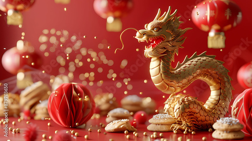 Wallpaper Mural Chinese New Year 2024 card with golden dragon figurine, red lanterns, and cookies with wishes on a bright red background Torontodigital.ca