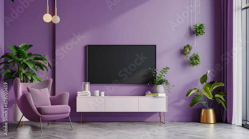 A stylish living room with a purple armchair, plants, and a TV.