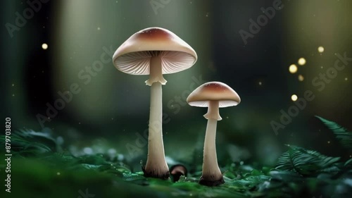 A cluster of brown and white fungi with caps peeking from green moss on a forest floor photo