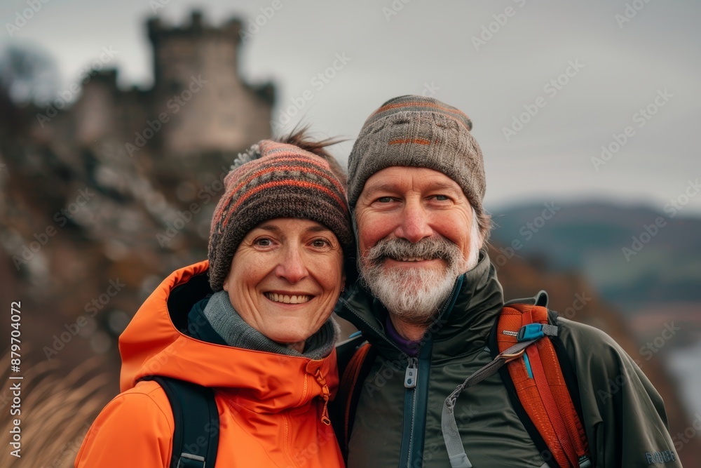 Portrait of a glad caucasian couple in their 40s wearing a windproof softshell isolated in historic castle backdrop Portrait of a glad caucasian couple in their 40s wearing a windproof softshell isolated in historic castle backdrop