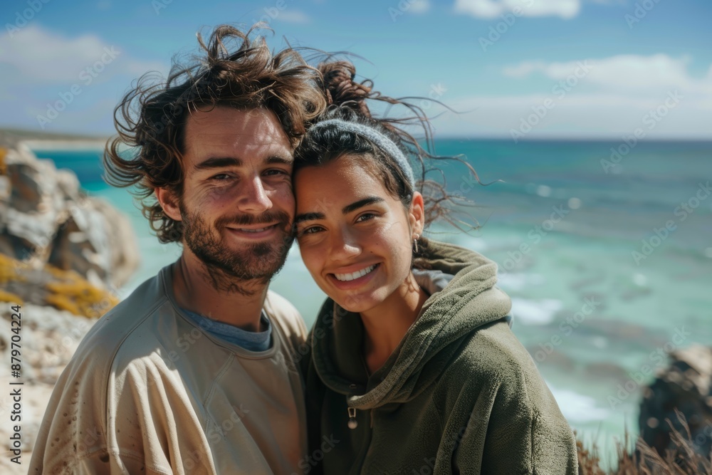 Portrait of a satisfied multicultural couple in their 20s dressed in a comfy fleece pullover in front of stunning ocean reef Portrait of a satisfied multicultural couple in their 20s dressed in a comfy fleece pullover in front of stunning ocean reef