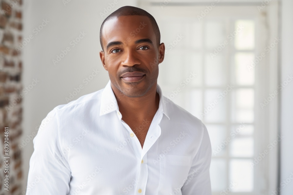 Portrait of a content afro-american man in his 40s wearing a classic white shirt while standing against scandinavian-style interior background Portrait of a content afro-american man in his 40s wearing a classic white shirt while standing against scandinavian-style interior background
