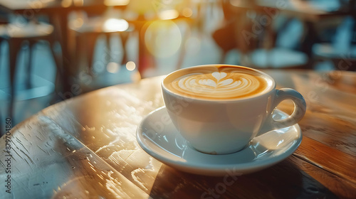 Coffee cup with elegant latte art on a wooden table in a warm cafe setting, photographed in high definition