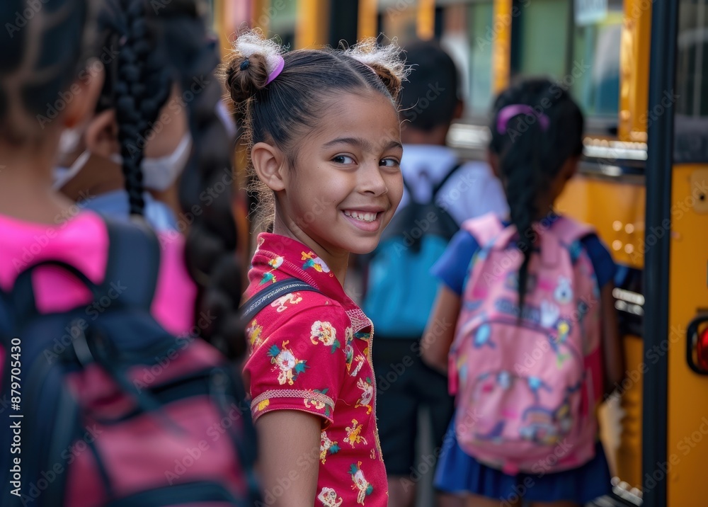 Multiethnic girl wearing pink and red smiles while boarding the school bus Multiethnic girl wearing pink and red smiles while boarding the school bus