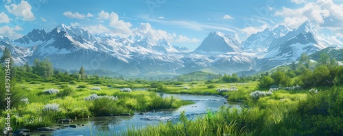 A photorealistic painting of a lush green meadow with a winding stream flowing through it and snow-capped mountains in the distance.