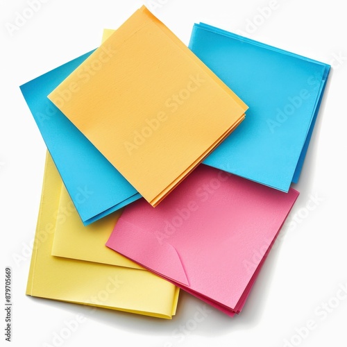 Colorful Stack of Sticky Notes in Blue, Pink, Yellow, and Orange on White Background