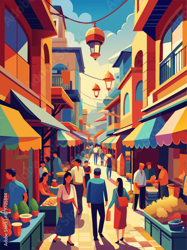 A colorful painting of a busy street with people walking and shopping. The mood of the painting is lively and bustling