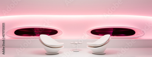 Pink futuristic chairs in a white room with pink lighting