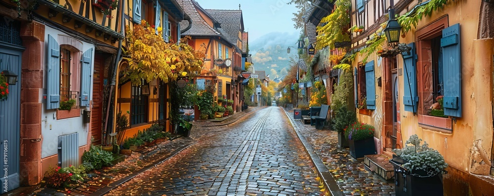 Fototapeta premium A quaint cobblestone street lined with charming shops, cafes, and old-fashioned buildings.